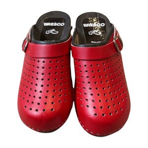 Bresco Red Leather Wooden Clogs - Women US 9 / Men US 7.5 Handmade Poland
